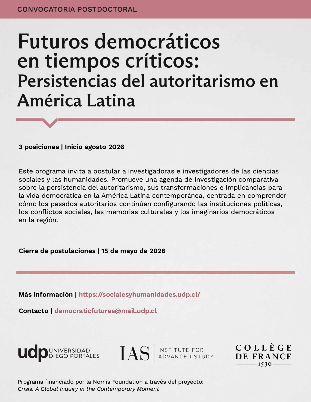Convocatoria Postdoctoral | Futuros democráticos en tiempos críticos: Persistencias del autoritarismo en América Latina